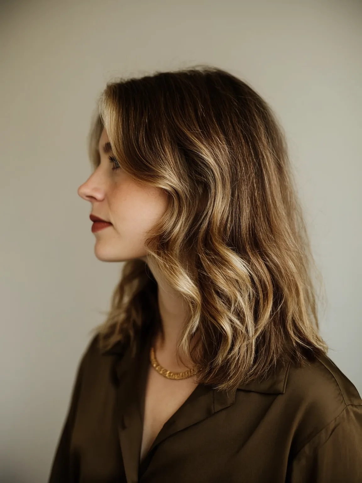Layered Lob with Caramel Highlights on Warm Brown Hair